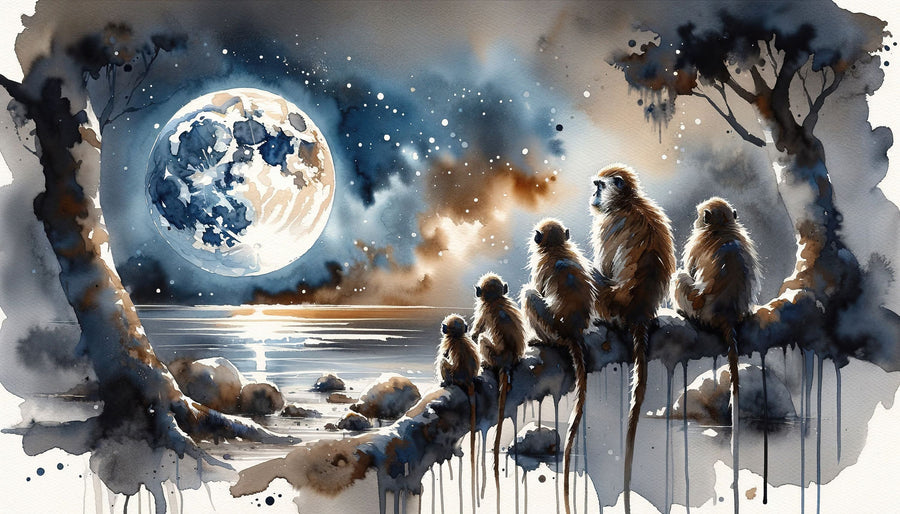 Monkey Family Night Giant Moon Watercolor Mural Wallpaper