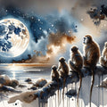 Monkey Family Night Giant Moon Watercolor Mural Wallpaper - pure wallpaper artwork