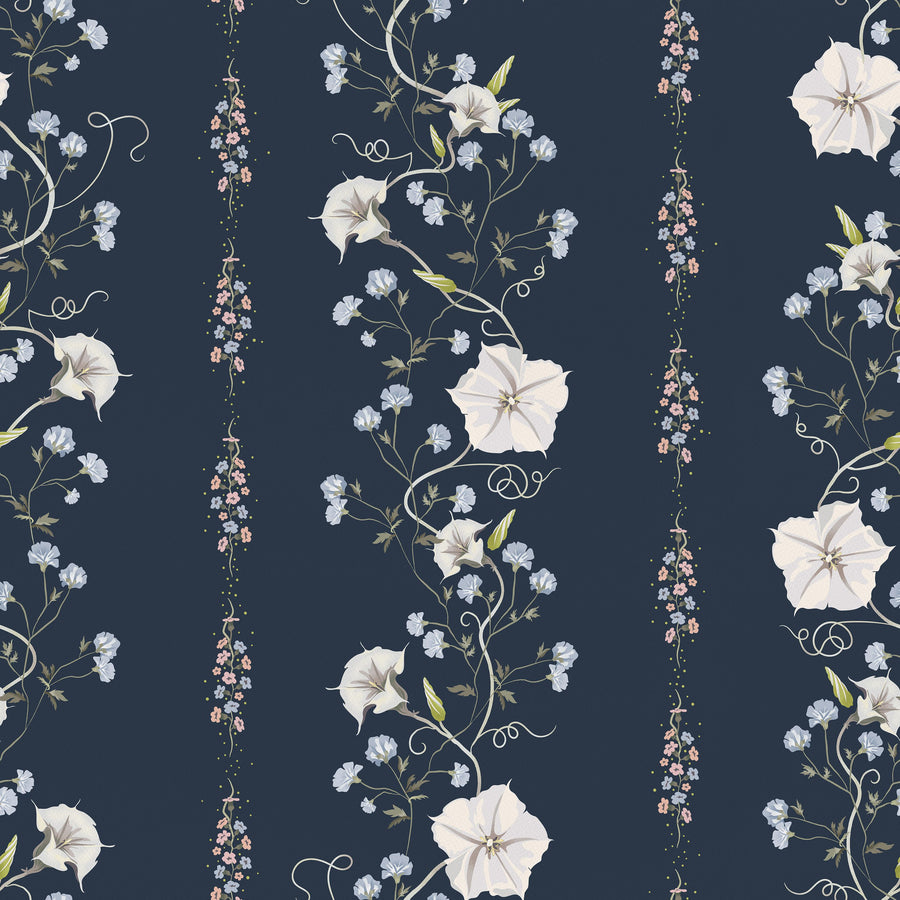 Trailing Flower Stripe, Navy Mural Wallpaper