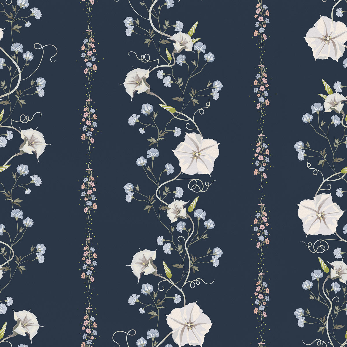 Trailing Flower Stripe, Navy Mural Wallpaper - pure wallpaper artwork