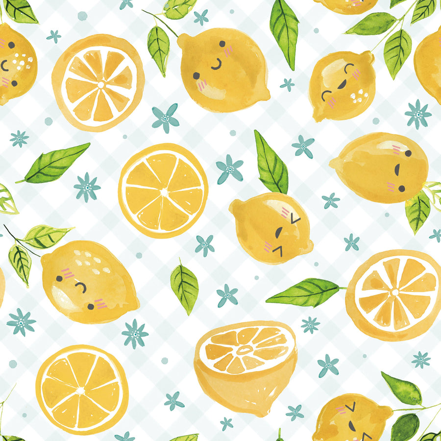 Mellow Lemons Blue Check Mural Wallpaper