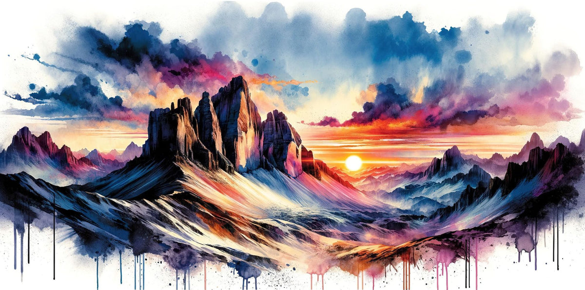 Watercolor Mountains Landscape At Sunset Mural Wallpaper - pure wallpaper artwork