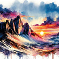 Watercolor Mountains Landscape At Sunset Mural Wallpaper - pure wallpaper artwork