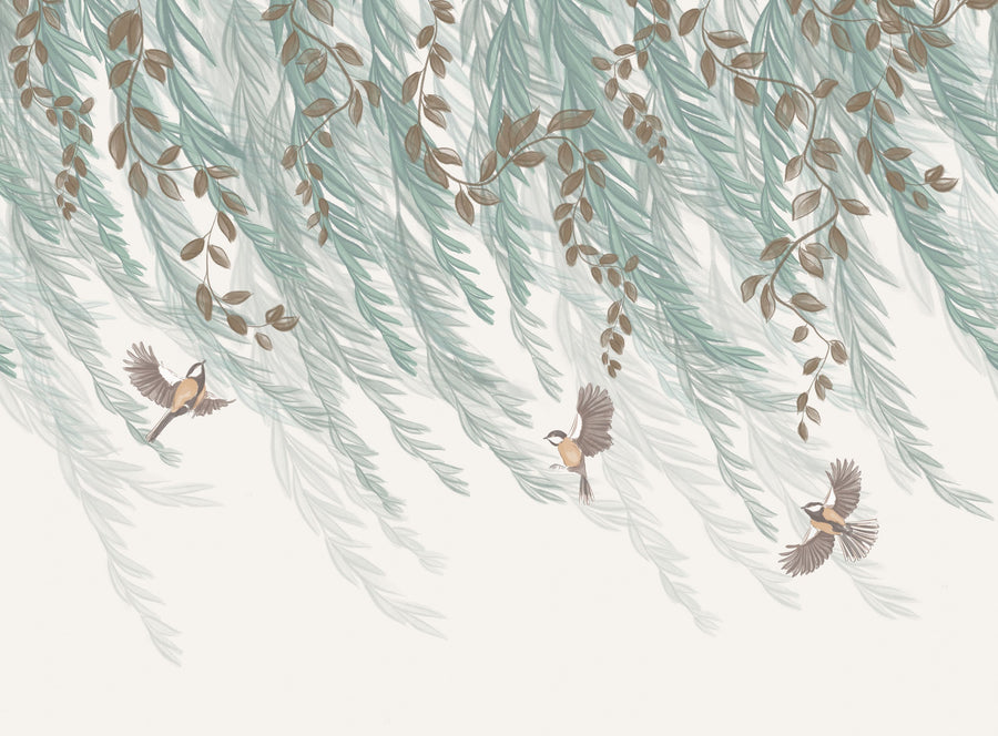 Willow & Birds, White Mural Wallpaper