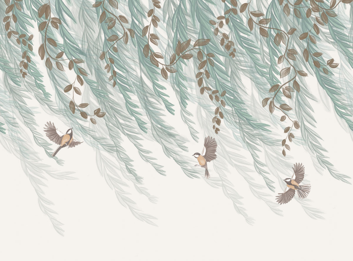 Willow & Birds, White Mural Wallpaper - pure wallpaper artwork