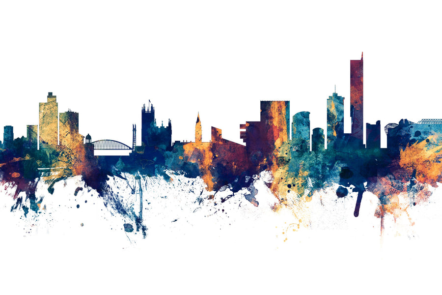Manchester England Skyline Blue & Bronze Mural Wallpaper