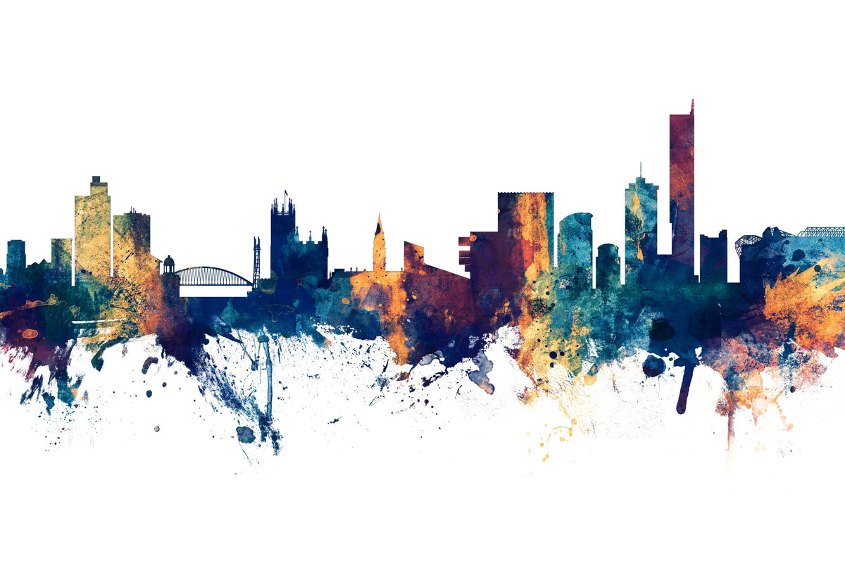 Manchester England Skyline Blue & Bronze Mural Wallpaper - pure wallpaper artwork