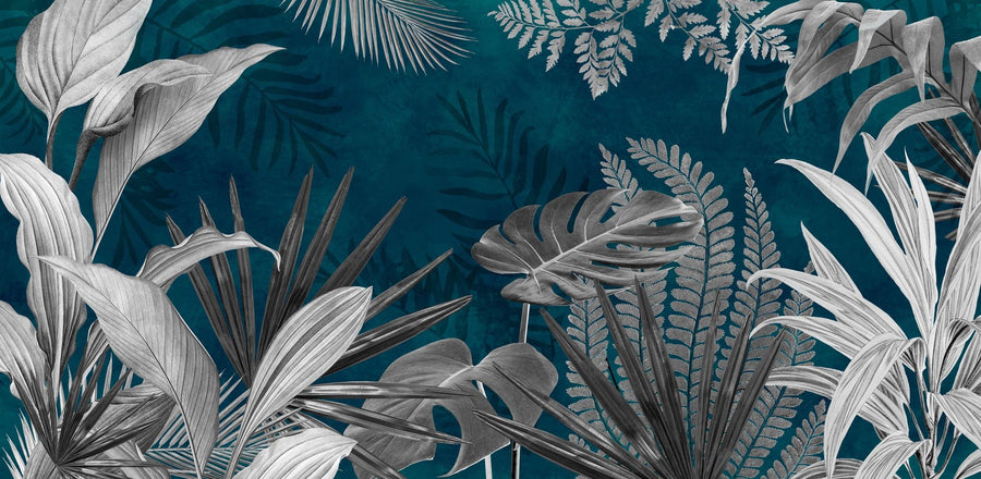 Botanical Wallpaper Mural – Leaf & Plant Wall Mural – Frosty Leaves - Blue Tone printable artwork