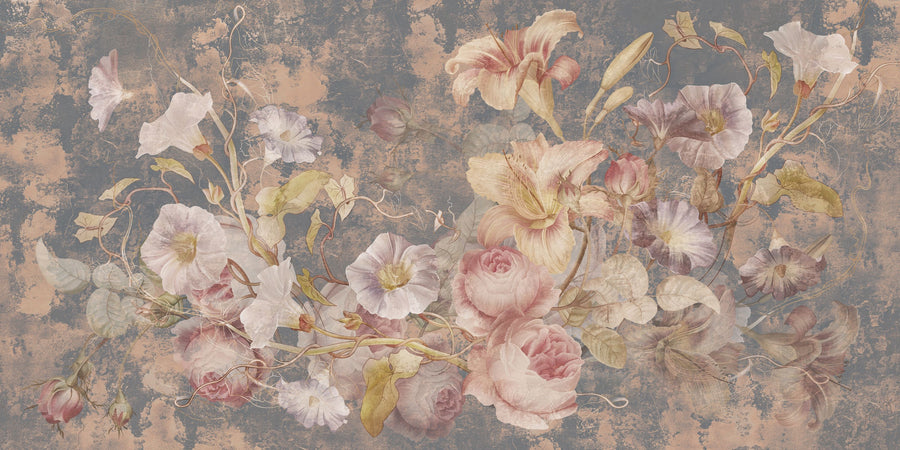 Floral Grunge Singing Mural Wallpaper - Red Tone