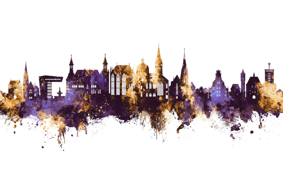 Aachen Germany Skyline Purple & Gold Mural Wallpaper