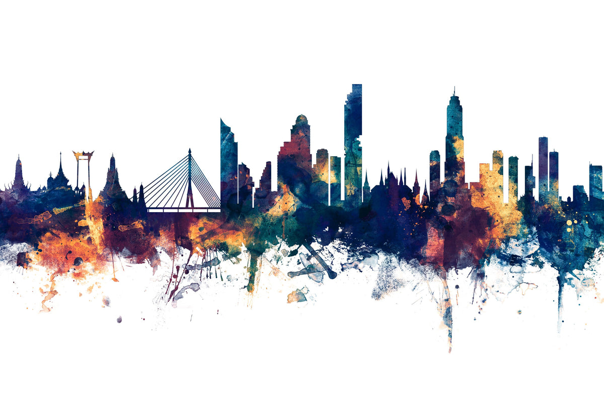 Bangkok Thailand Skyline Blue & Bronze Mural Wallpaper - pure wallpaper artwork