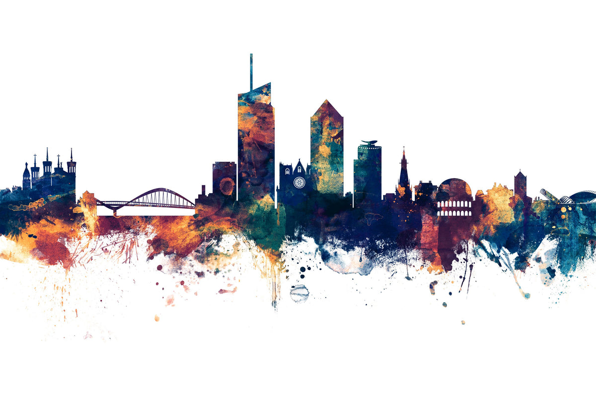 Lyon France Skyline Blue & Bronze Mural Wallpaper - pure wallpaper artwork