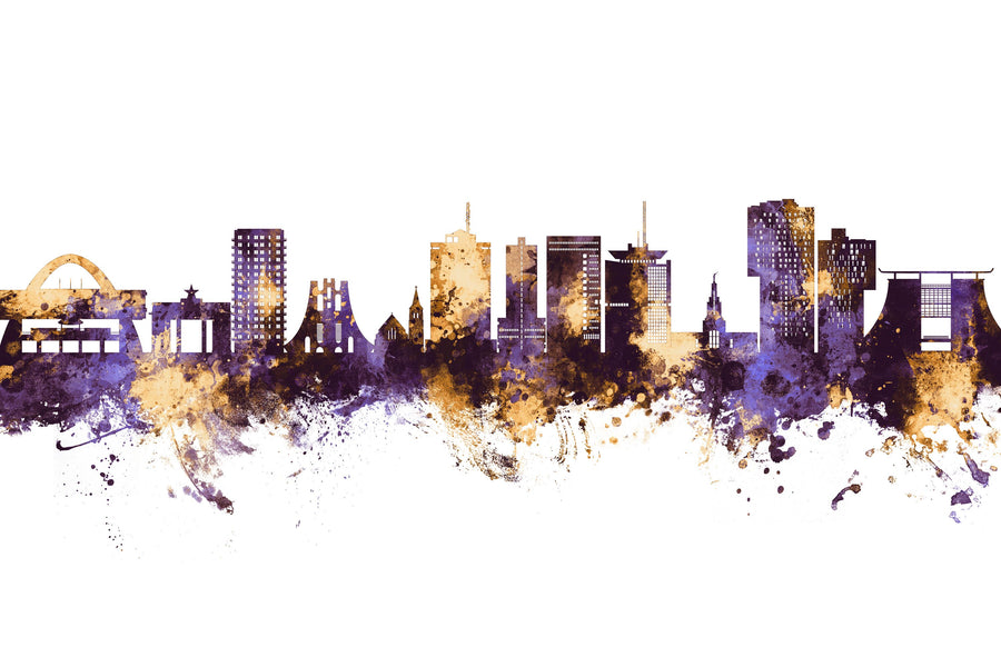 Accra Ghana Skyline Purlpe & Gold Mural Wallpaper