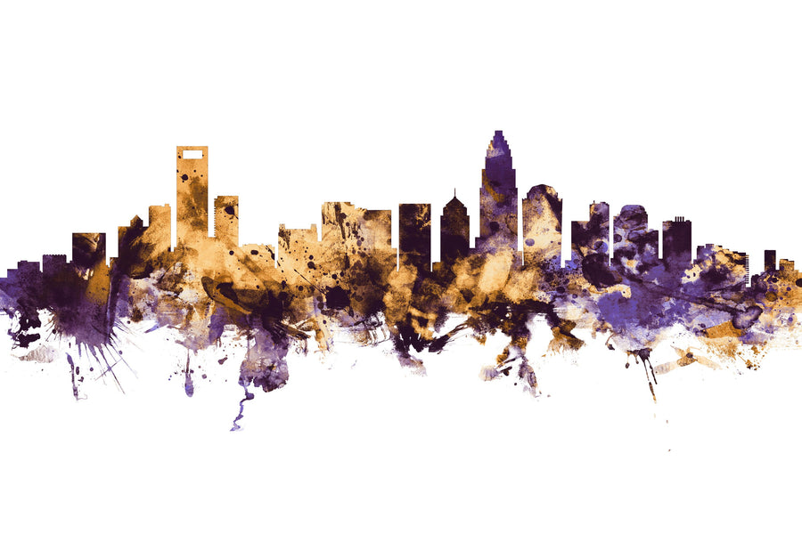 Charlotte North Carolina Skyline Purple & Gold Mural Wallpaper