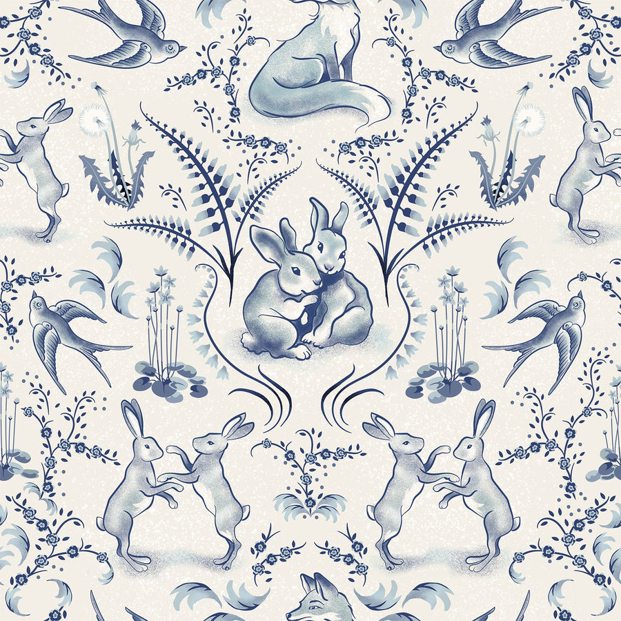 Spring Field Rabbits, Blue Mural Wallpaper