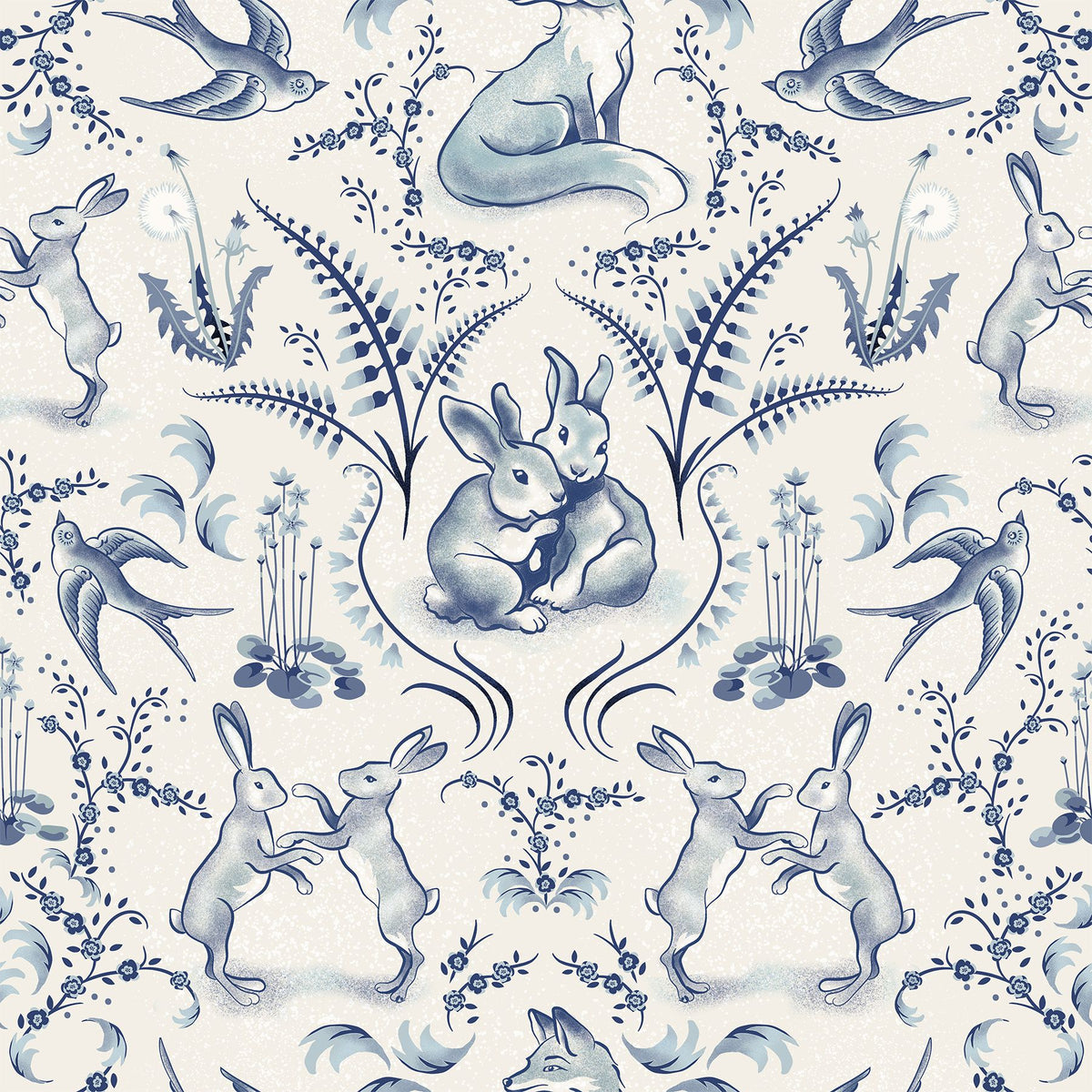 Spring Field Rabbits, Blue Mural Wallpaper - pure wallpaper artwork