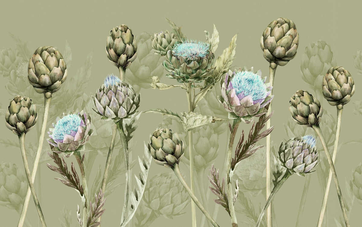 Artichoke Blooms, Pistachio Mural Wallpaper - pure wallpaper artwork