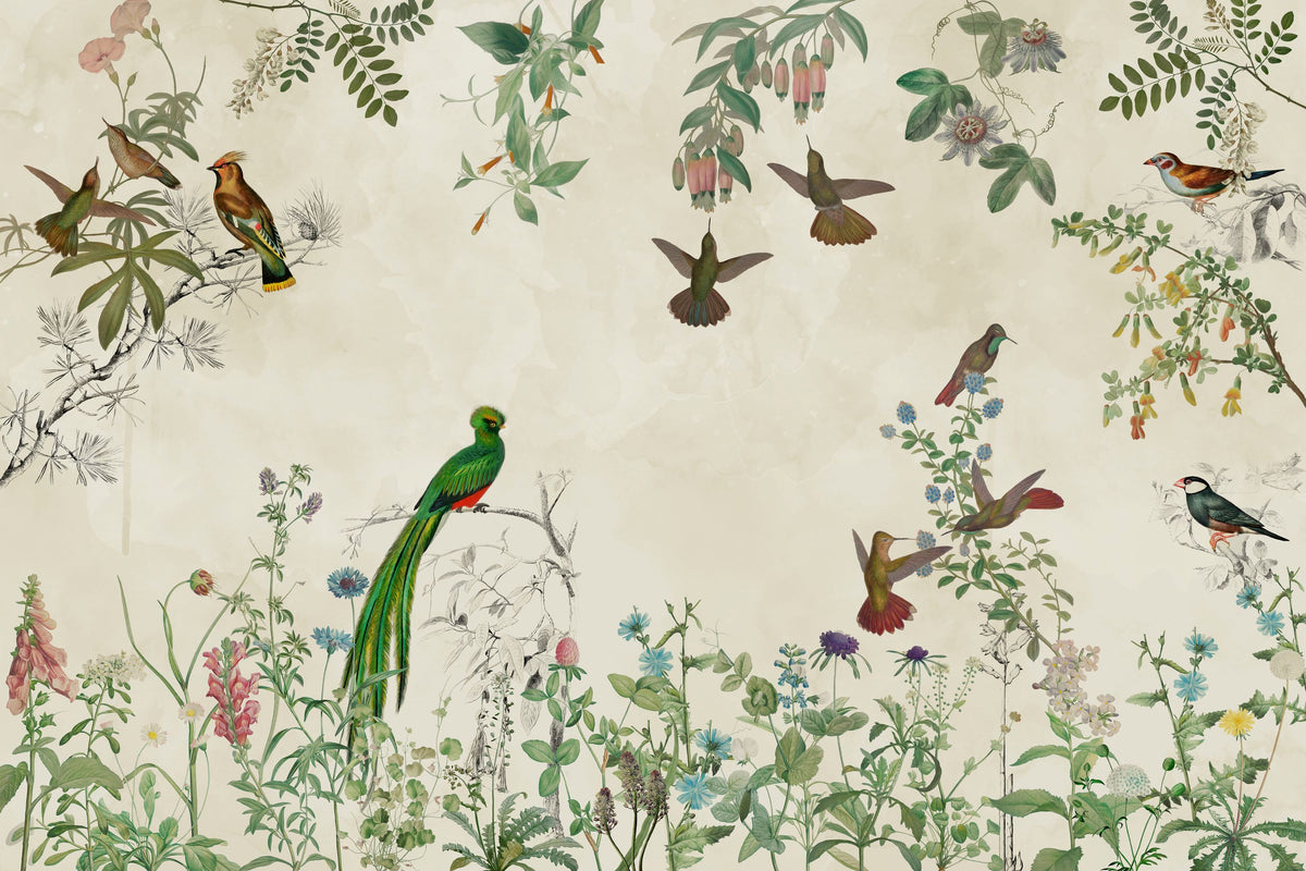 Fields of Birds and Flowers Mural Wallpaper - Warm Tone - pure wallpaper artwork