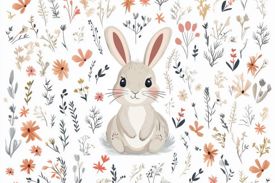 Rabbit Flowers Mural Wallpaper
