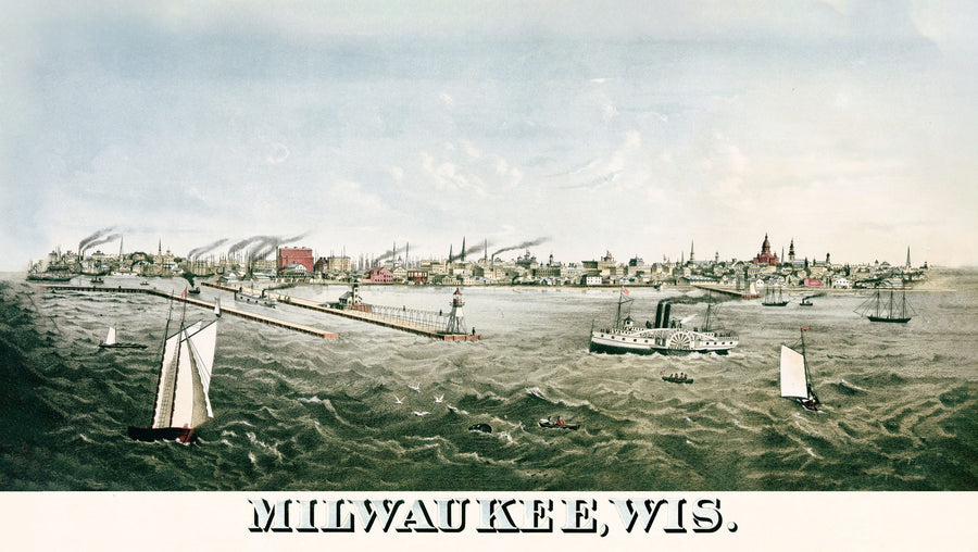 Landscape Wallpaper Mural – Scenery Wall Mural – Old View of Milwaukee From Lake Michigan, 1874 printable artwork