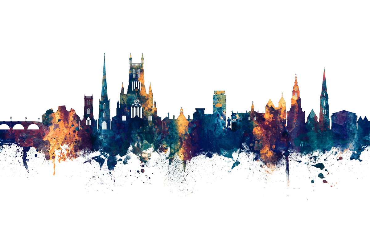 Worcester England Skyline Blue & Bronze Mural Wallpaper - pure wallpaper artwork