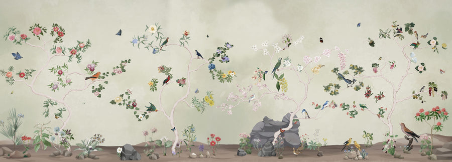 Birds in the Garden Green Mural Wallpaper