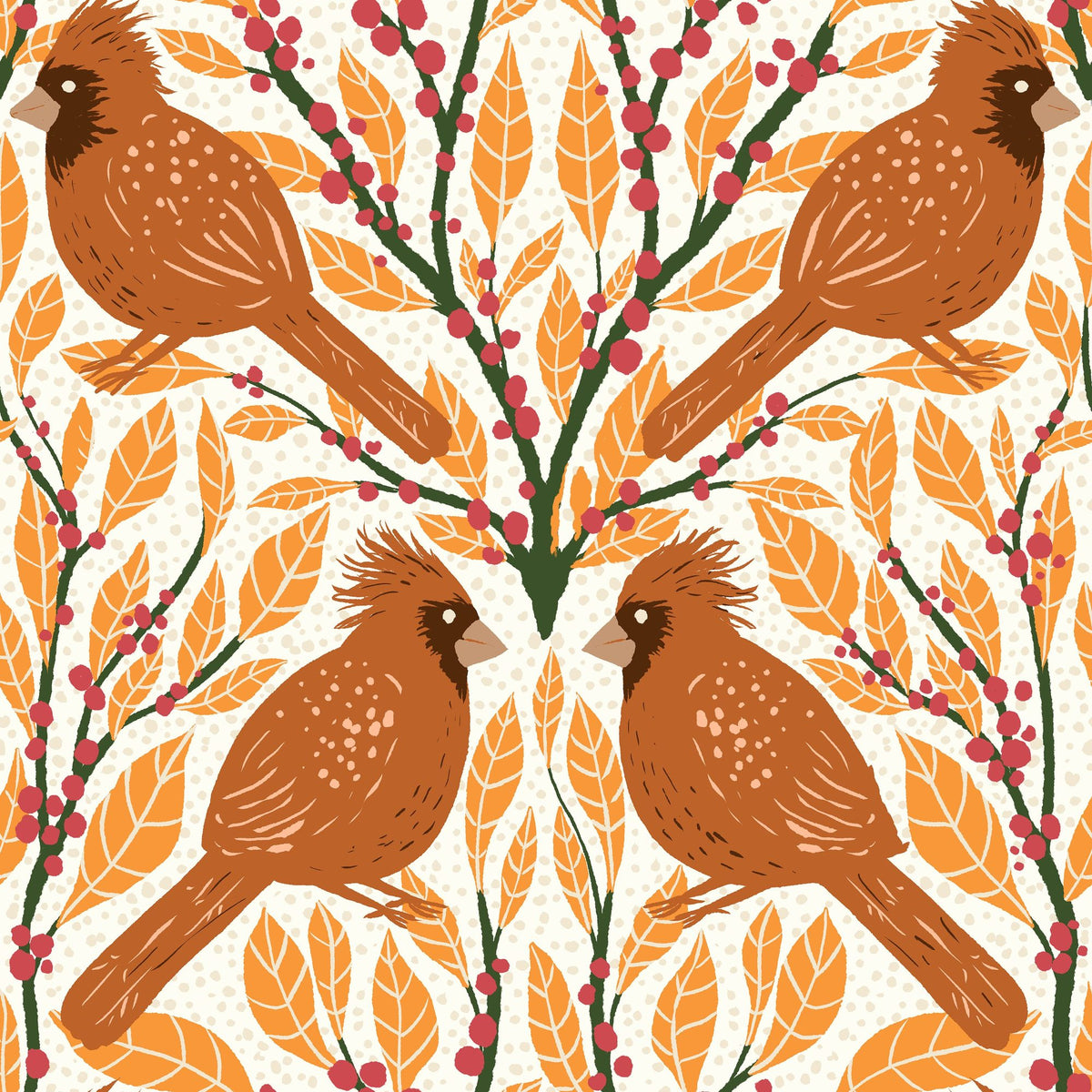Cardinals & Winterberries, Yellow Mural Wallpaper - pure wallpaper artwork