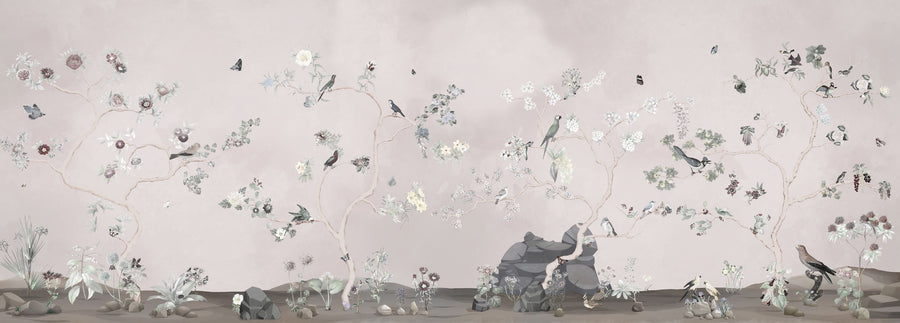 Birds in the Garden Light Gray Mural Wallpaper