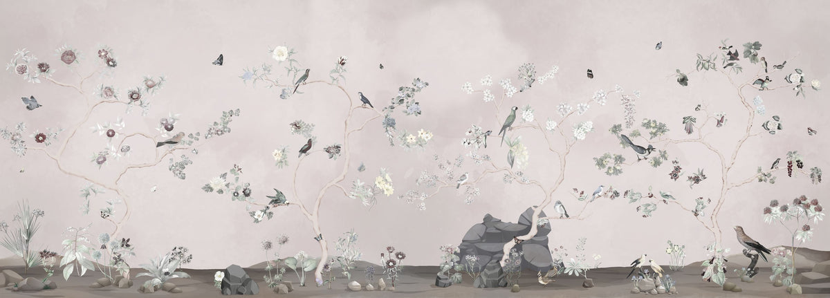 Birds in the Garden Light Gray Mural Wallpaper - pure wallpaper artwork