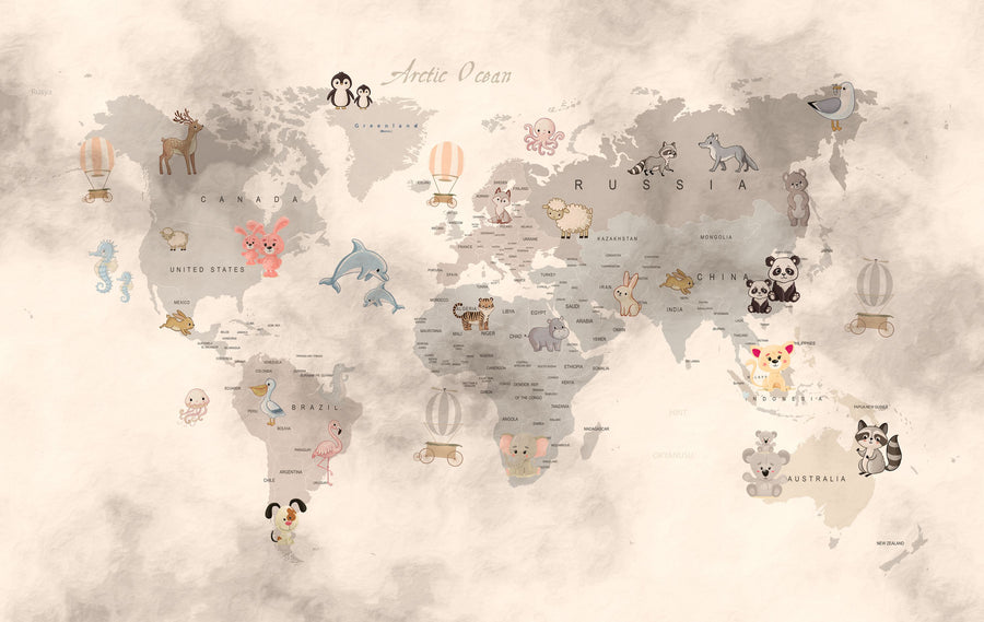 Baby Animals Map Mural Wallpaper