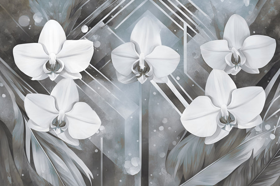 Geometry and Orchids Blue Mural Wallpaper
