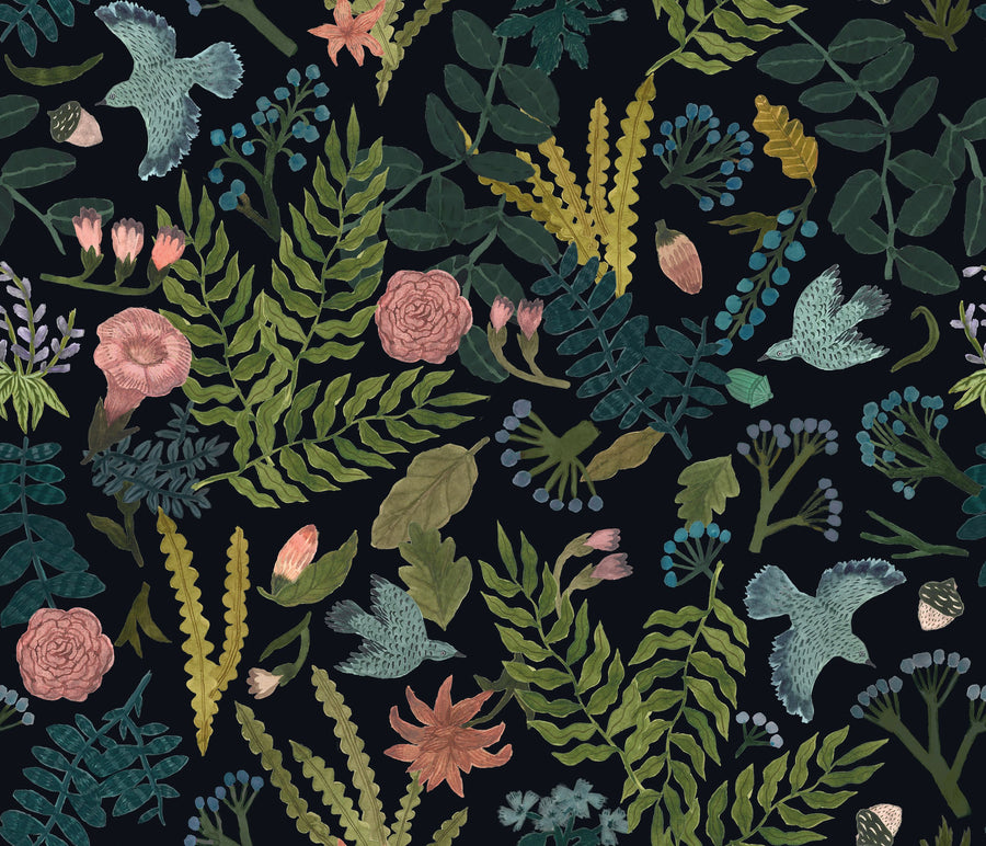 Wonderland Birds, Dark Mural Wallpaper