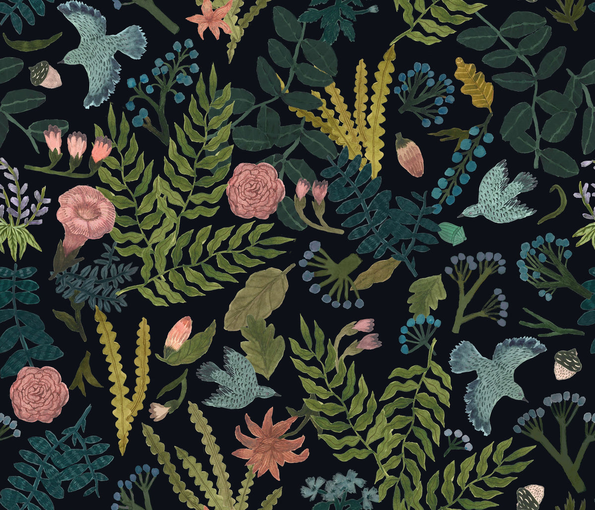 Wonderland Birds, Dark Mural Wallpaper - pure wallpaper artwork