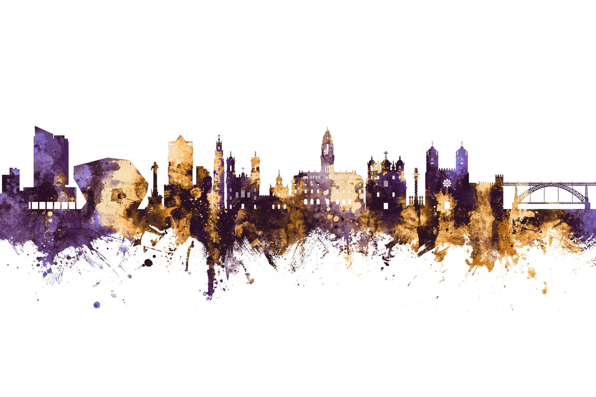 Porto Portugal Skyline Purple & Gold Mural Wallpaper - pure wallpaper artwork