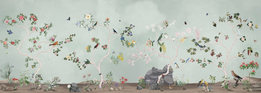 Birds in the Garden Mint Mural Wallpaper
