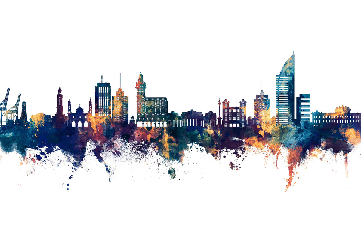 Montevideo Uruguay Skyline Blue & Bronze Mural Wallpaper - pure wallpaper artwork