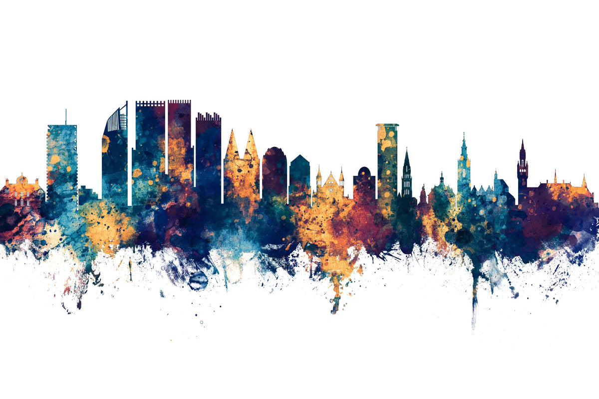 The Hauge Netherlands Skyline Blue & Bronze Mural Wallpaper - pure wallpaper artwork