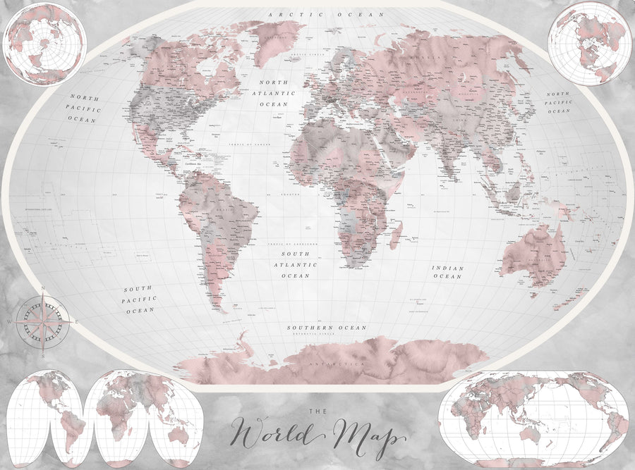 World Map Atlas Red Mural Wallpaper