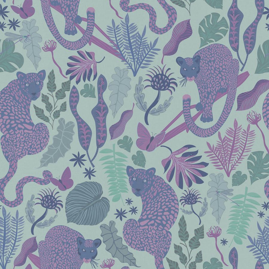 Jungle Leopards Violet & Mint Mural Wallpaper