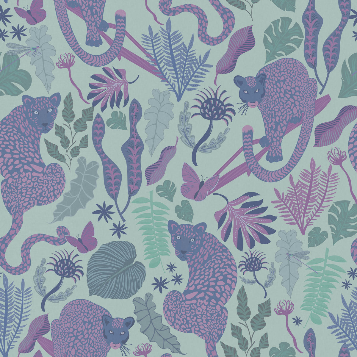 Jungle Leopards Violet & Mint Mural Wallpaper - pure wallpaper artwork