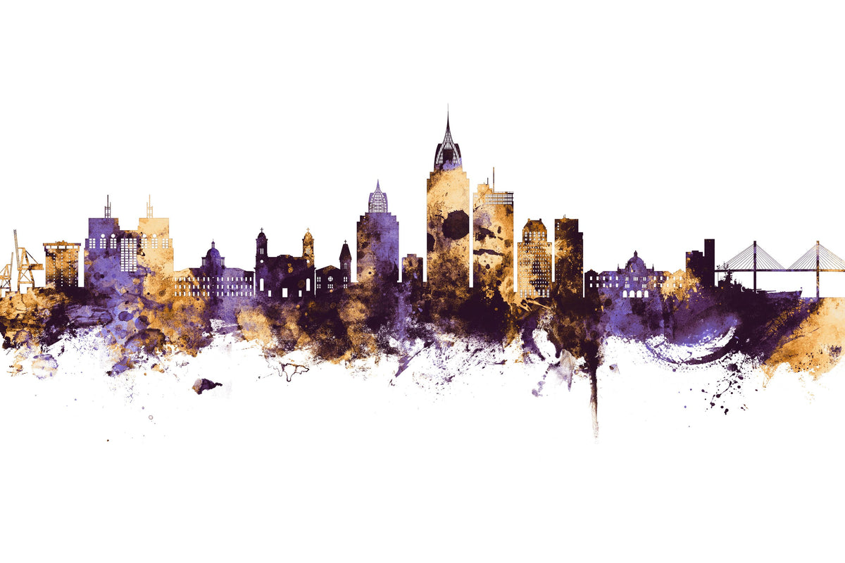 Mobile Alabama Skyline Purple & Gold Mural Wallpaper - pure wallpaper artwork