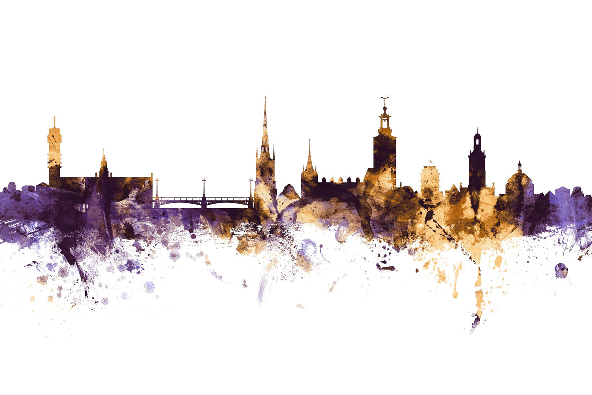 Stockholm Skyline Purple & Gold Mural Wallpaper - pure wallpaper artwork