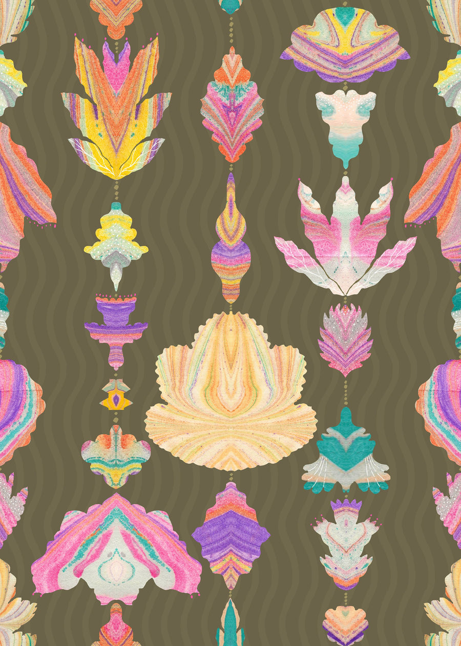 Marble Flowers, Khaki Mural Wallpaper