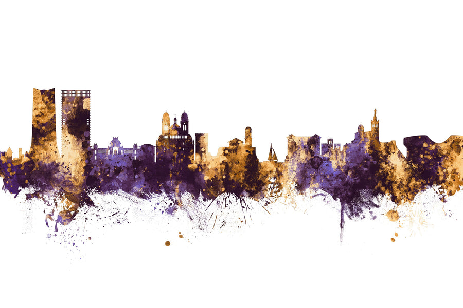 Marseille France Skyline Purple & Gold Mural Wallpaper
