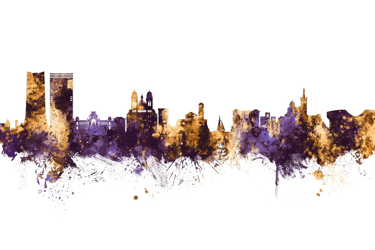Marseille France Skyline Purple & Gold Mural Wallpaper - pure wallpaper artwork