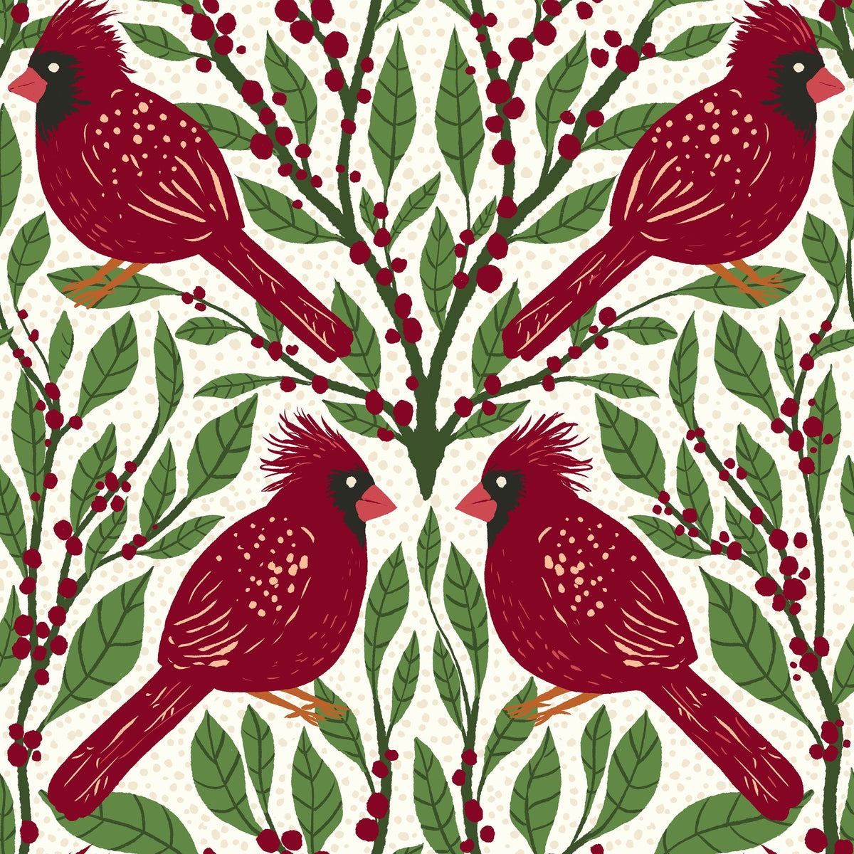 Cardinals & Winterberries, Green Mural Wallpaper - pure wallpaper artwork