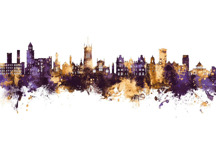 Wigan England Skyline Purple & Gold Mural Wallpaper