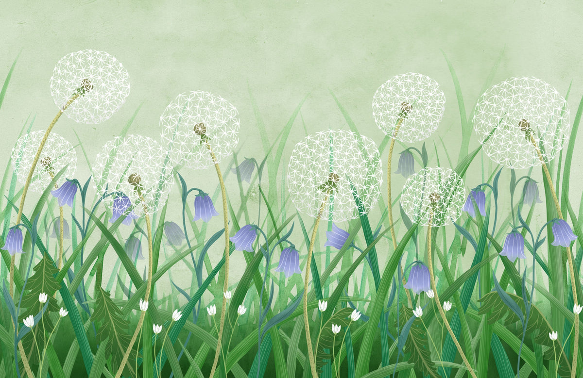 Dandelion Meadow, Green Mural Wallpaper - pure wallpaper artwork