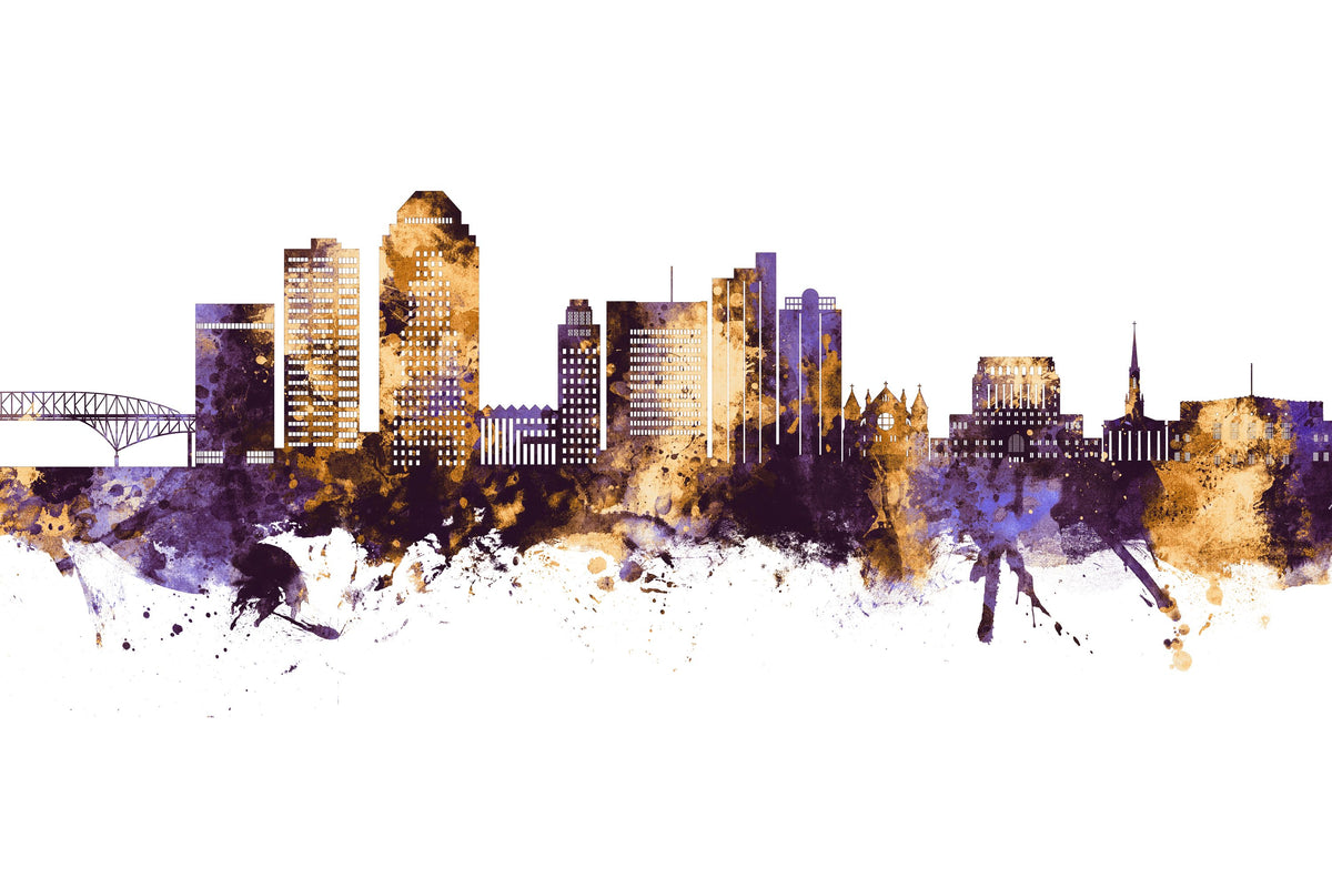 Shreveport Louisiana Skyline Purple & Gold Mural Wallpaper - pure wallpaper artwork