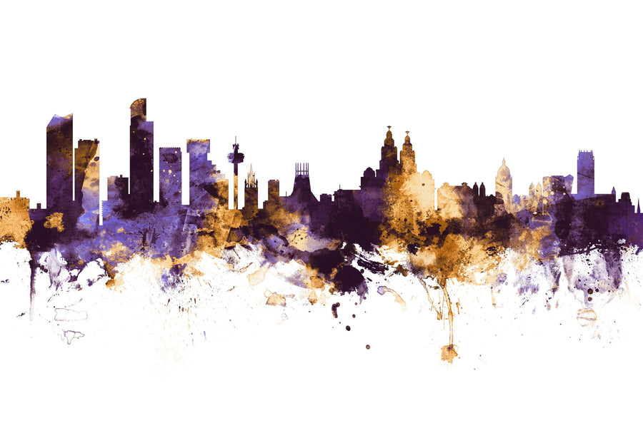 Liverpool England Skyline Purple & Gold Mural Wallpaper